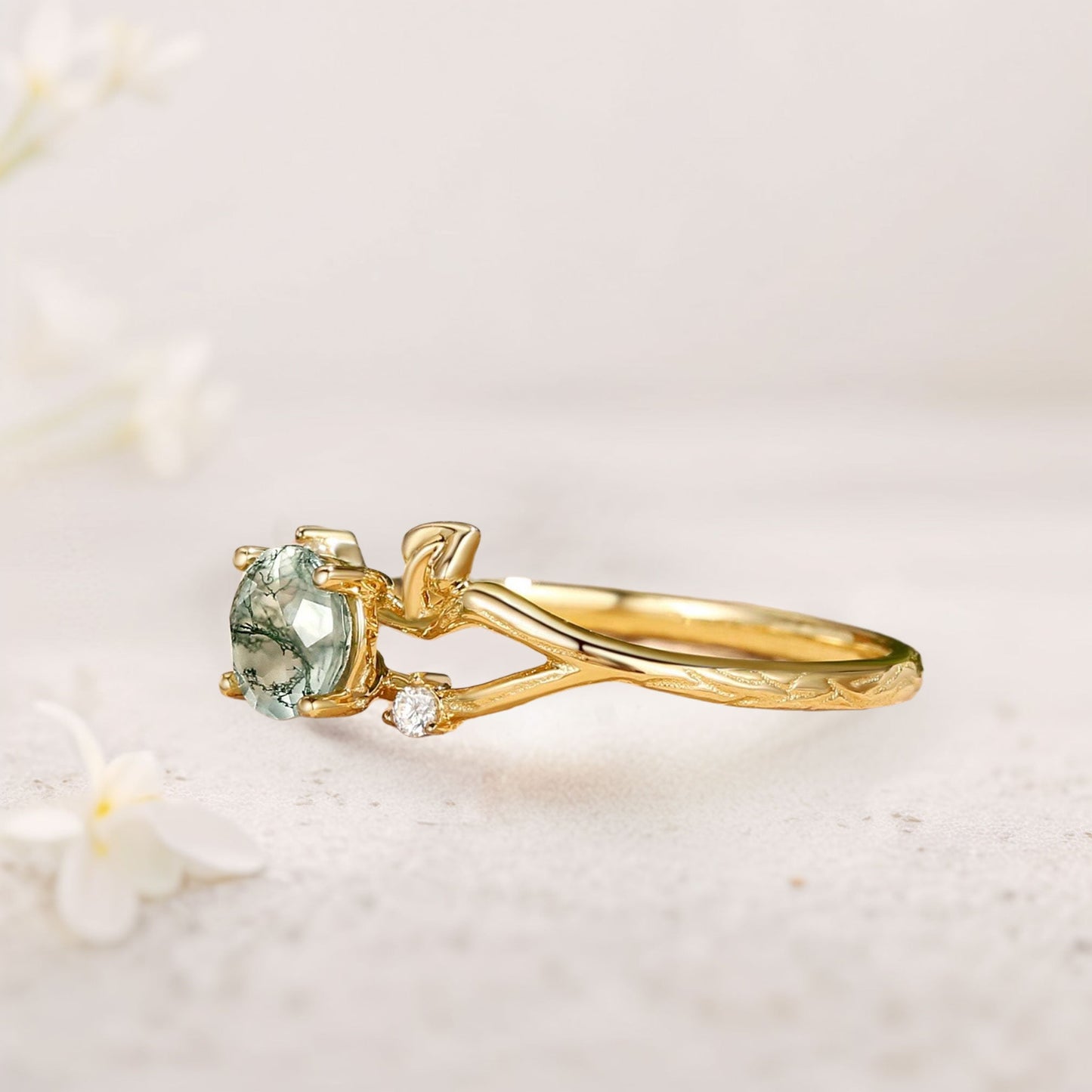 Unique floral engagement rings Round Moss Agate Leaf Engagement Ring