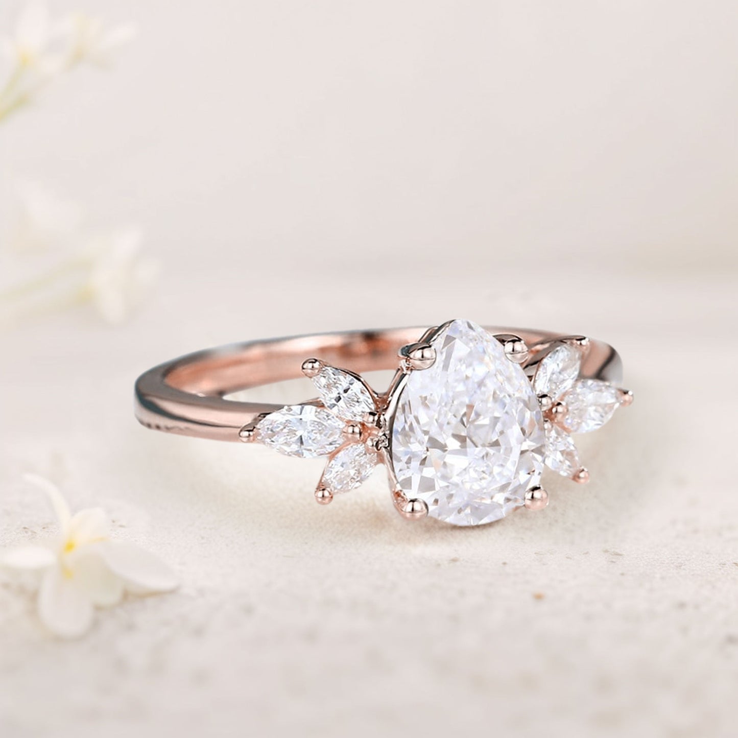 Unique Pear Moissanite Engagement Ring Simple Cluster Bridal Ring