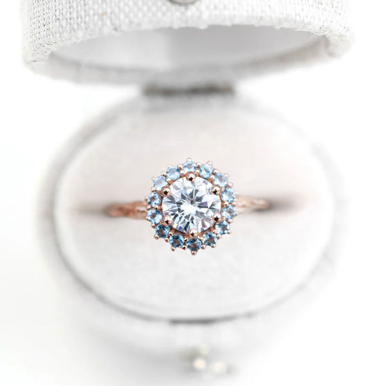 Unique Halo Midsummer Round Shaped Moissanite Ring
