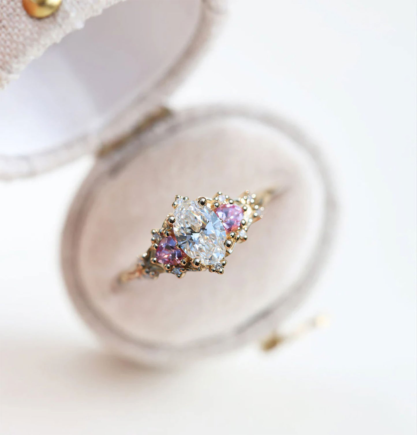 Unique Celeste Rose Three Stone Oval Moissanite and Lab Pink Sapphire Ring
