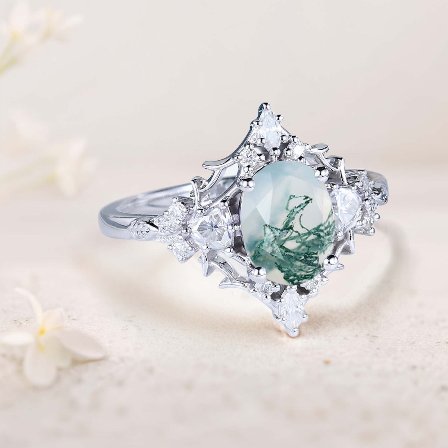 Vintage floral engagement rings Briar Rose Oval Moss Agate and Moissanite Engagement Ring Filigree Ring