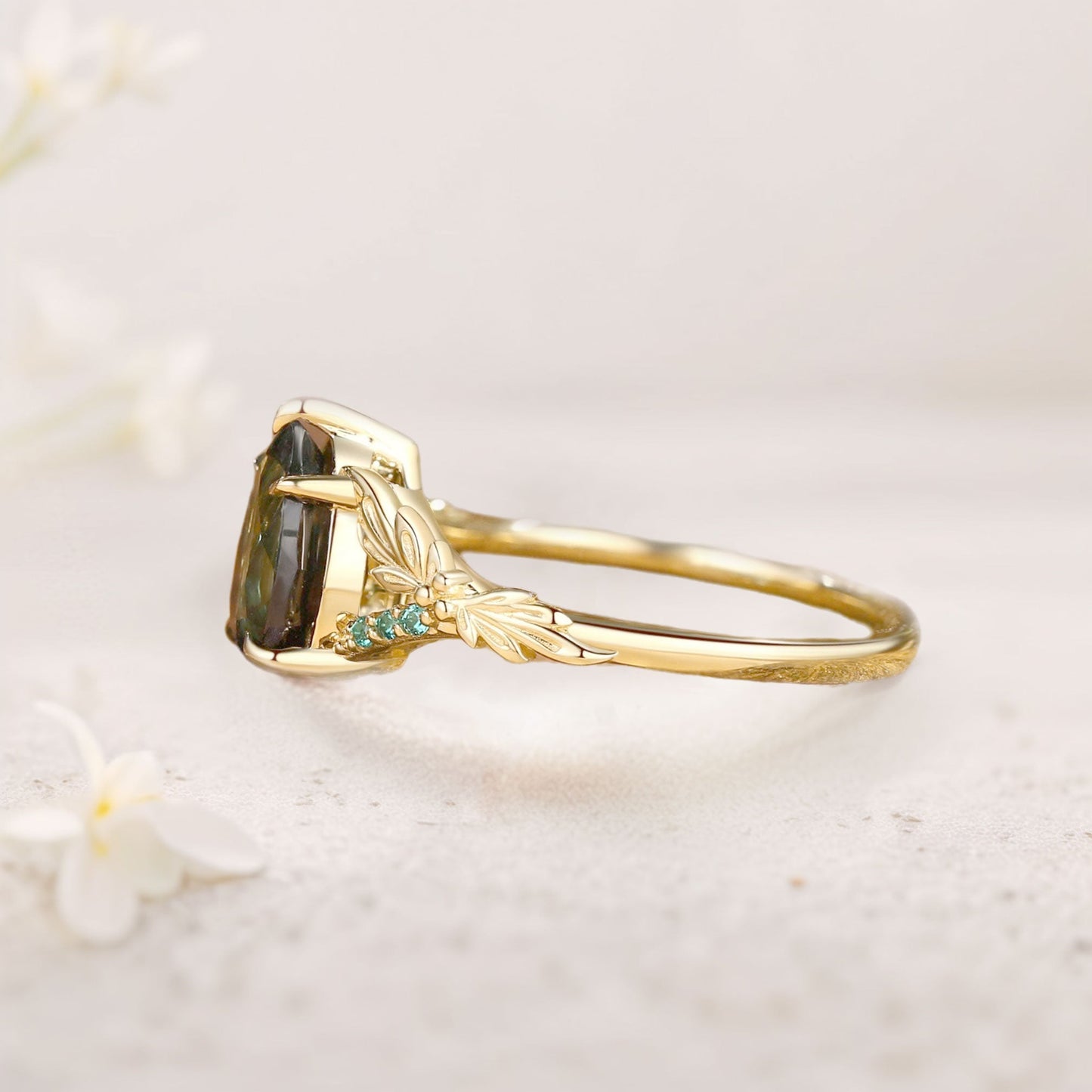 Unique floral engagement rings Pear Green Sapphire Leaf Engagement Ring