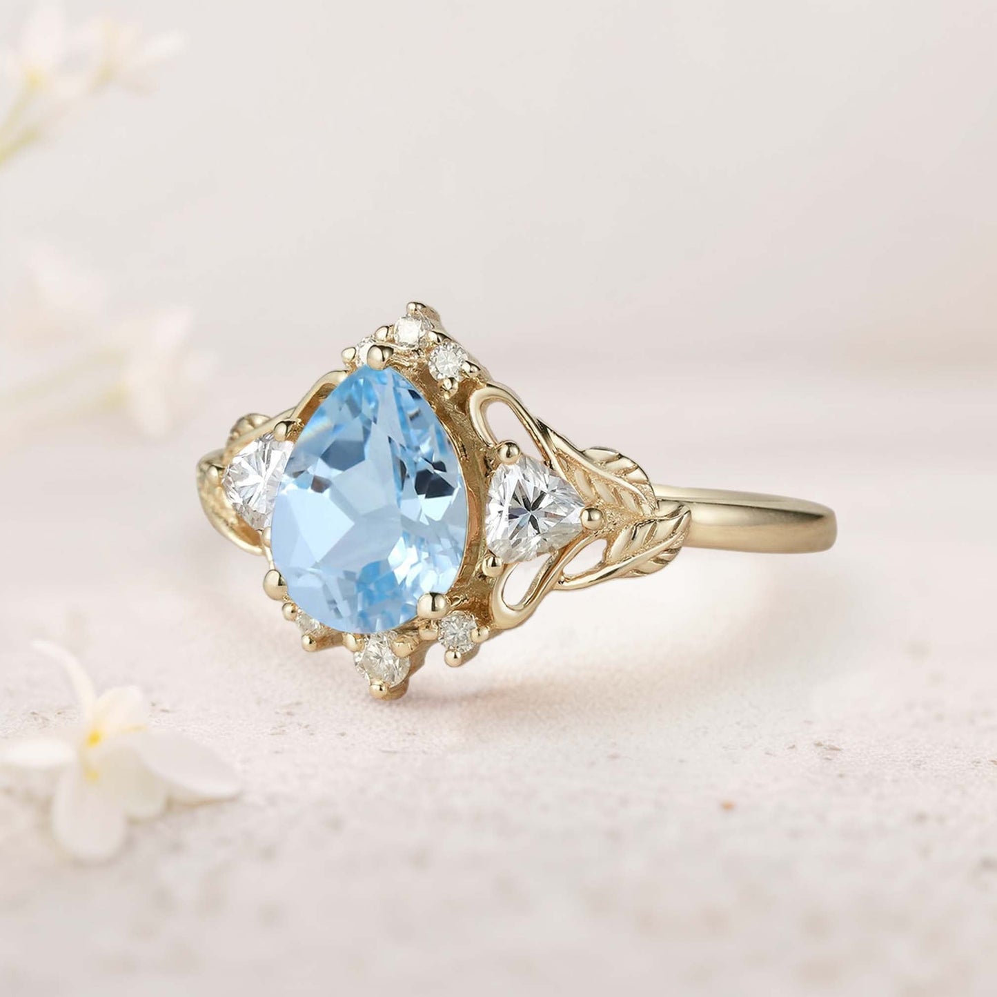 Unique floral engagement rings Pear Aquamarine and Moissanite side stones Leaf Ring Engagement Ring