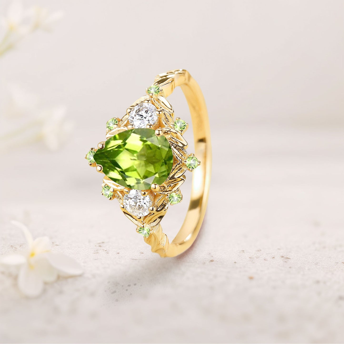Unique floral engagement rings Pear Peridot Flower Engagement Ring Peridot Halo Leaf Wedding Ring