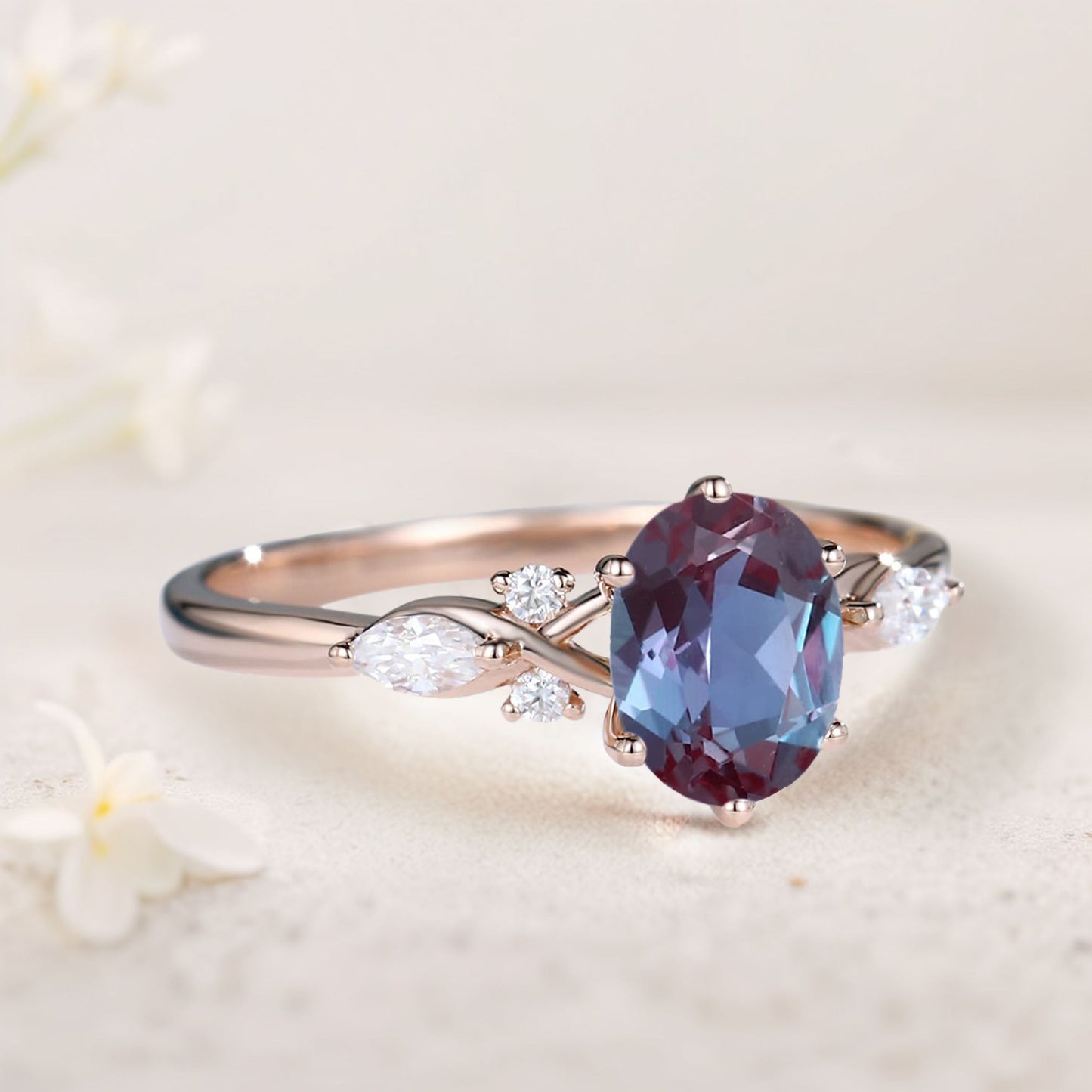 Vintage Oval Alexandrite and Moissanite Engagement Ring