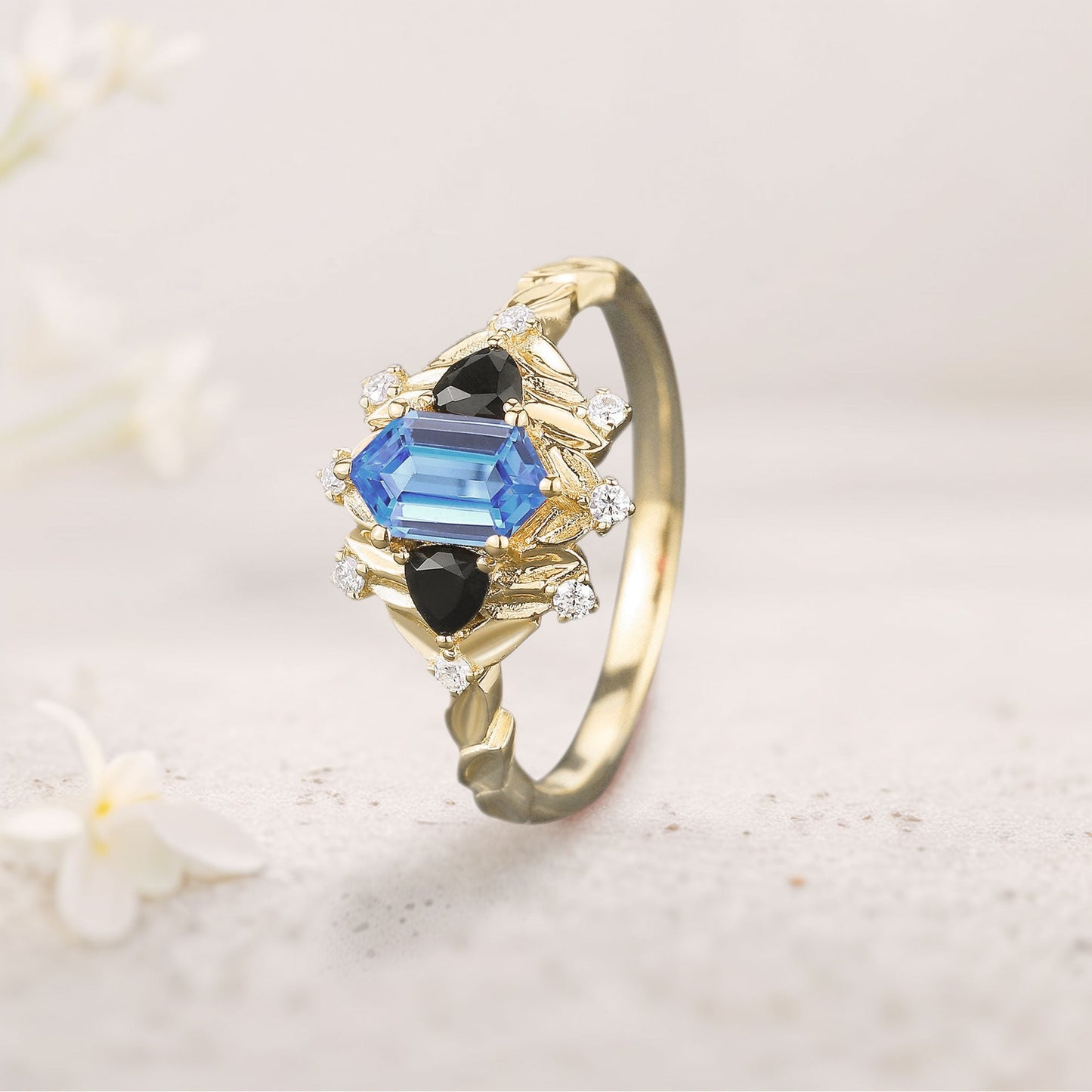 Unique Long Hexagon Sapphire and Black Onyx Leaf Engagement Ring  Wedding Ring for Women