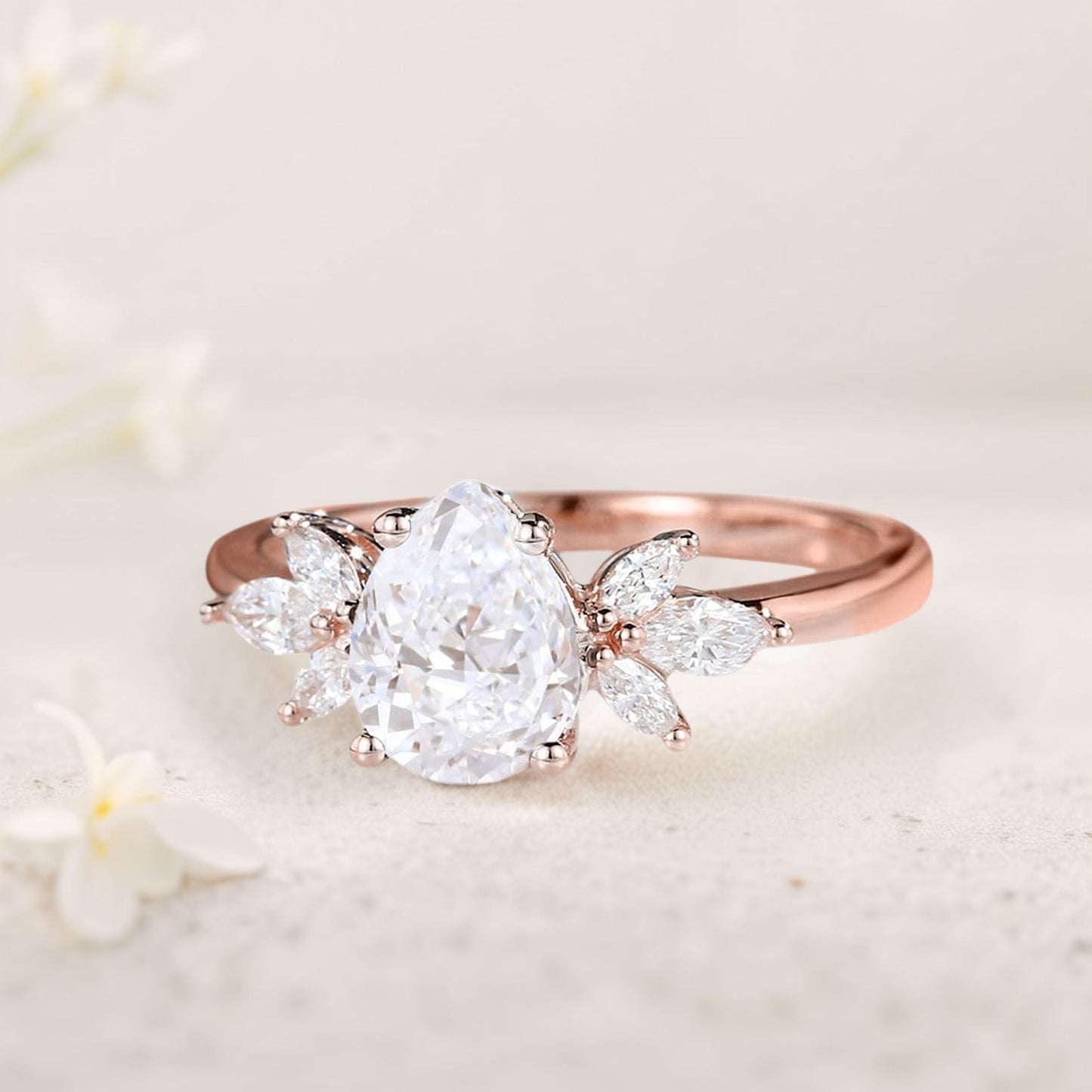 Unique Pear Moissanite Engagement Ring Simple Cluster Bridal Ring