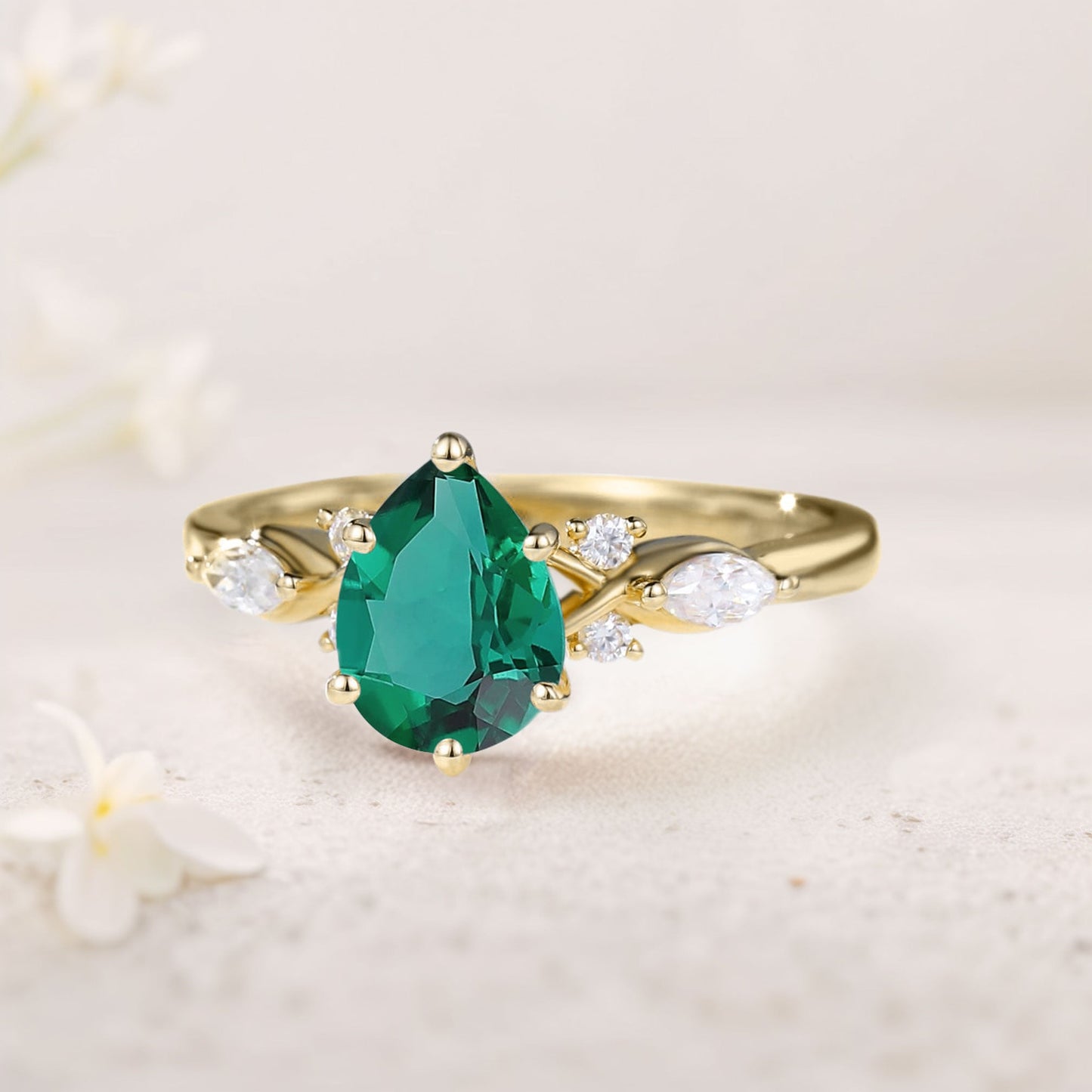 Unique Pear Emerald Split Shank Engagement Ring
