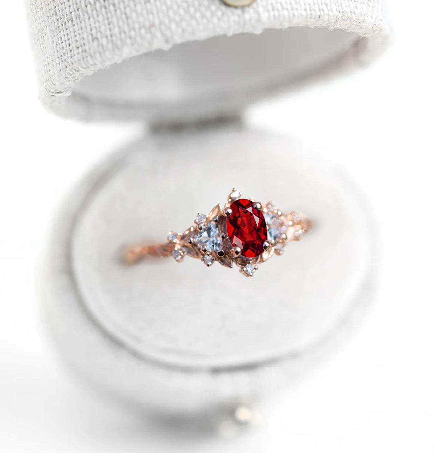 Unique Celeste Rose Oval Garnet and Moissanite Ring