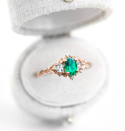 Unique Floral Rose Three Stone Oval Lab Emerald Ring