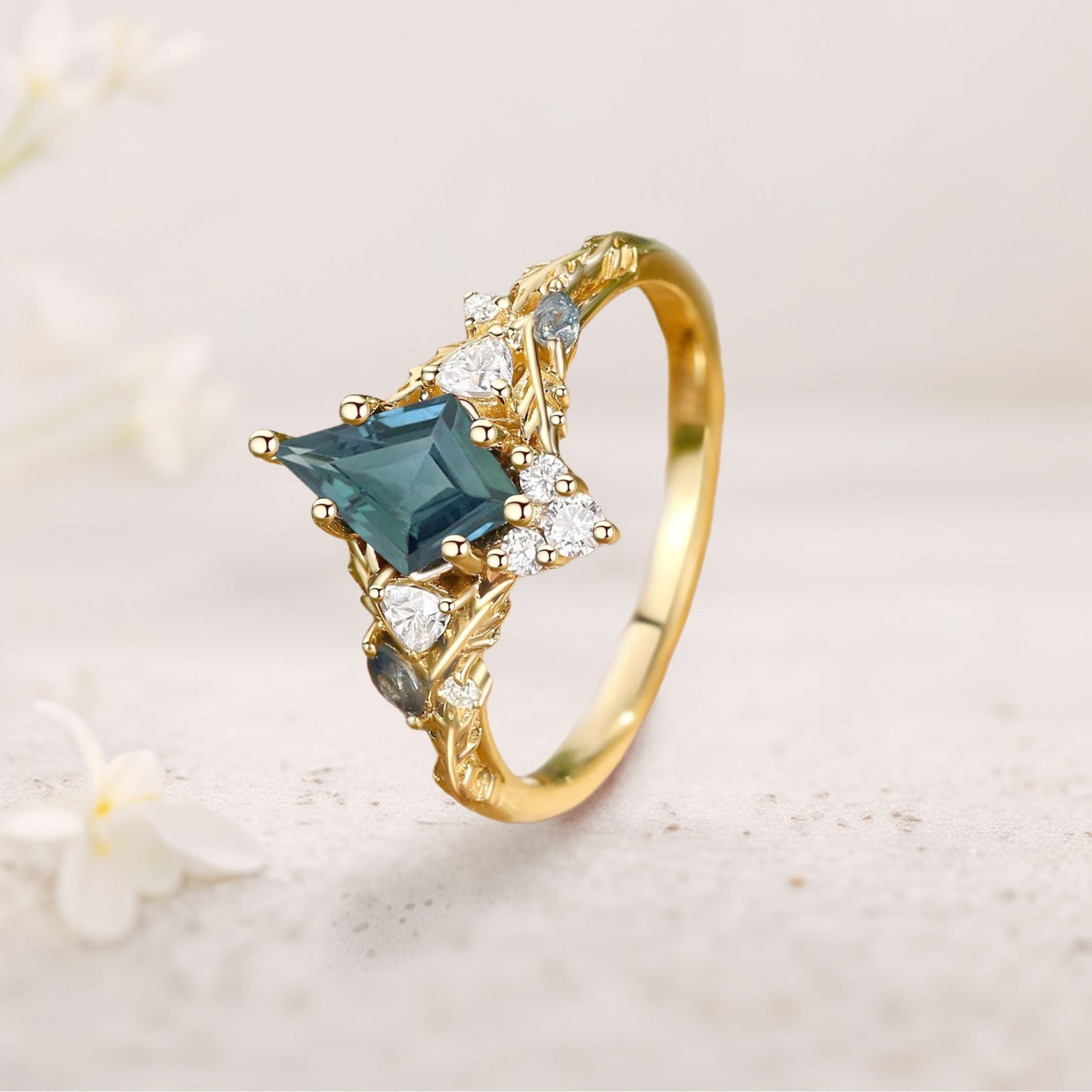 Unique floral engagement rings Kite Green Sapphire Oak Leaf Engagement Ring