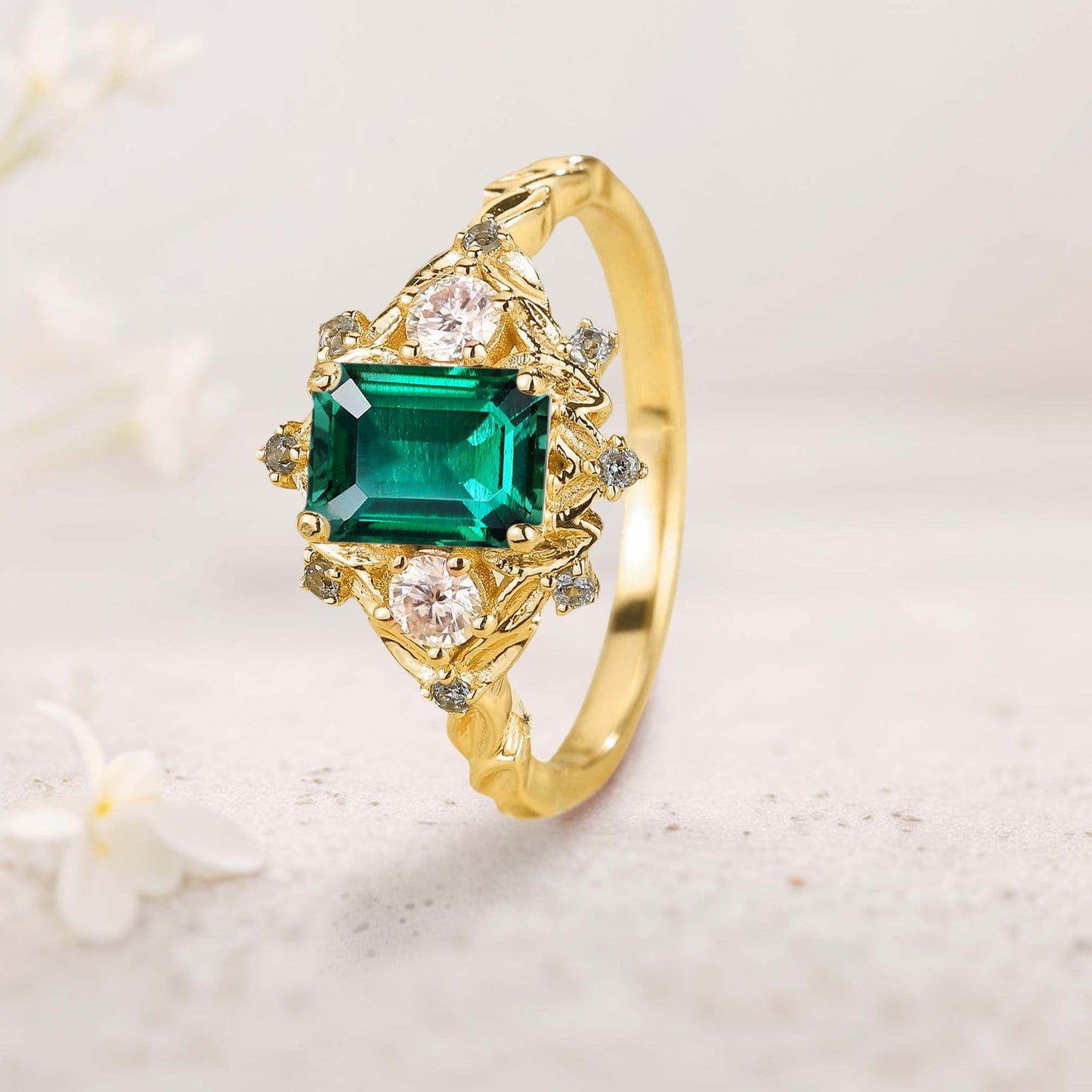 Vintage floral engagement rings Three Stone Emerald Engagement ring Fairy ring