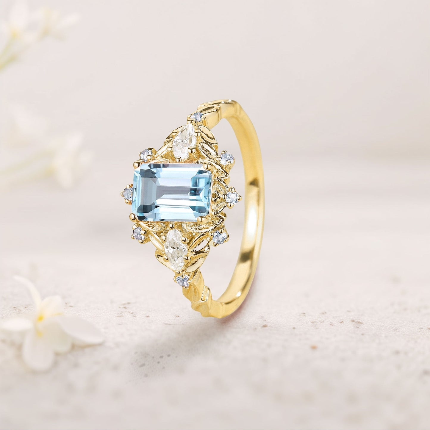 Unique floral engagement rings Emerald Cut Aquamarine Flower Engagement Ring Aquamarine Halo Leaf Wedding Ring