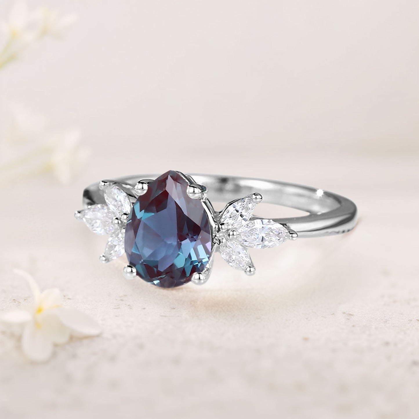 Unique Pear Lab Alexandrite and Moissanite Engagement Ring
