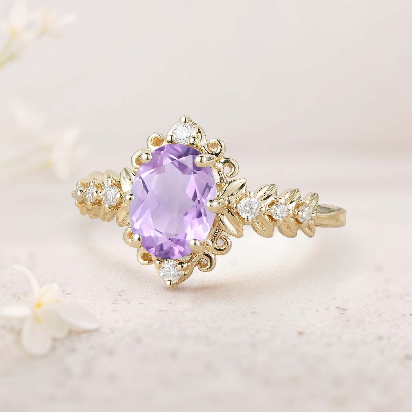 Unique Elegant Royal Oval Amethyst Filigree Leaf Engagement Ring