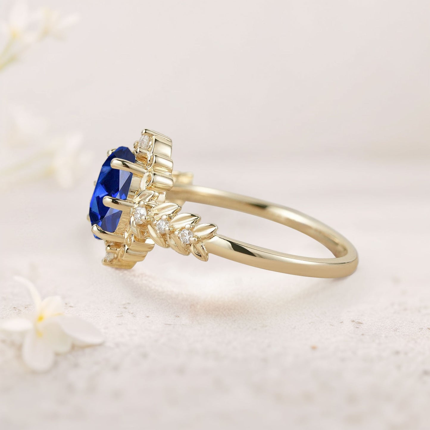 Unique Elegant Royal Blue Sapphire Filigree Leaf Engagement Ring