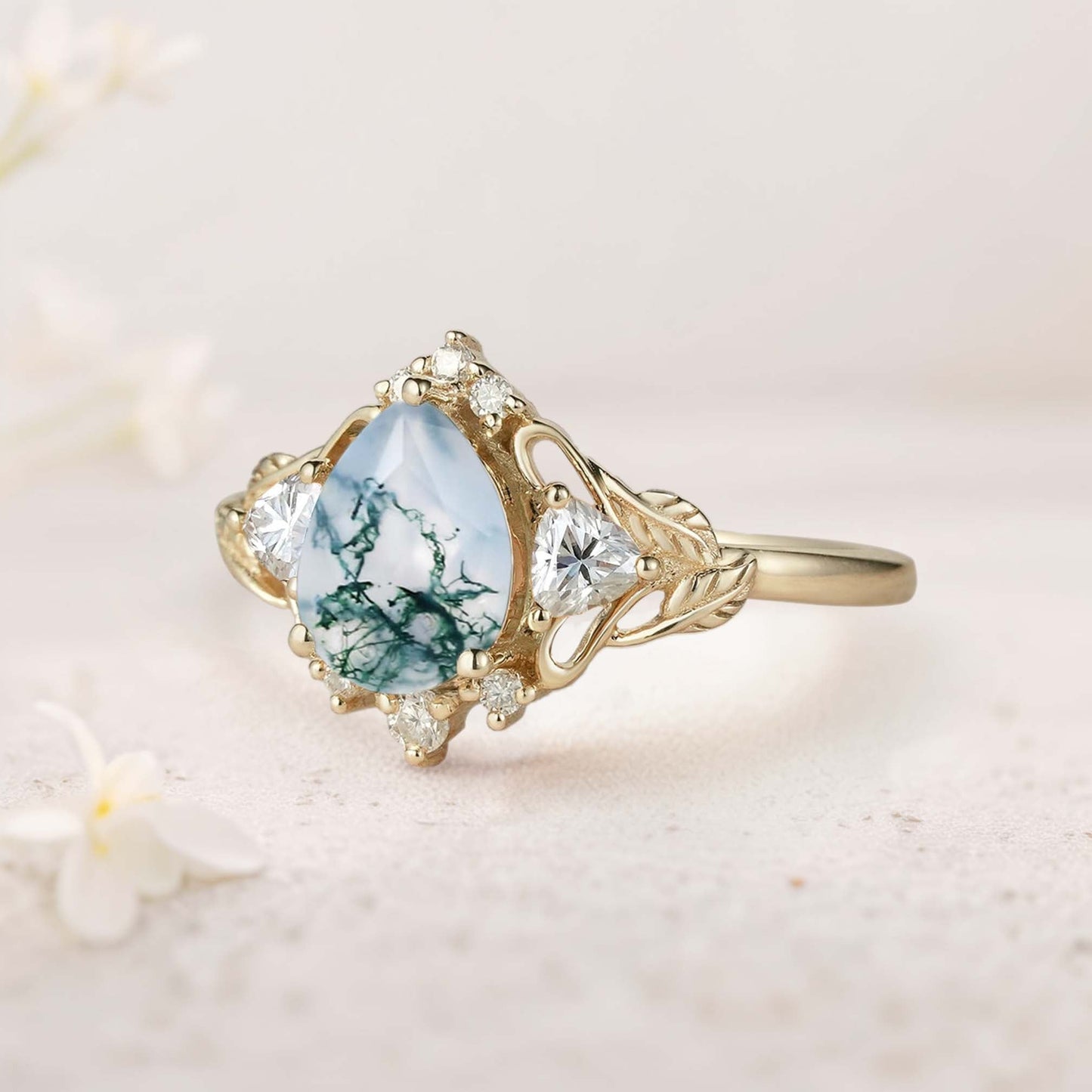 Unique floral engagement rings Pear Moss Agate and Moissanite side stones Leaf Ring Engagement Ring