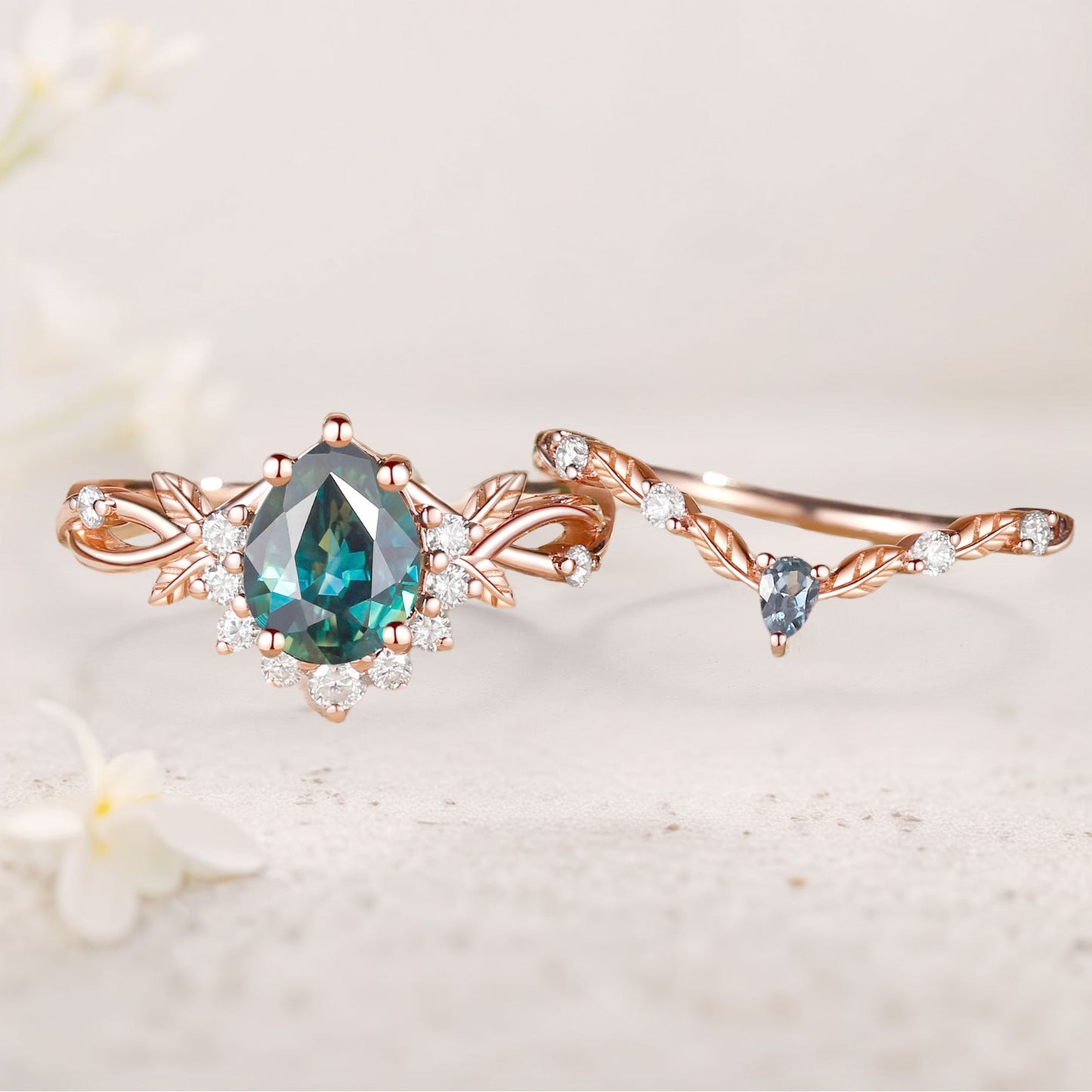 Vintage floral engagement rings Pear Green Sapphire Engagement Ring Set