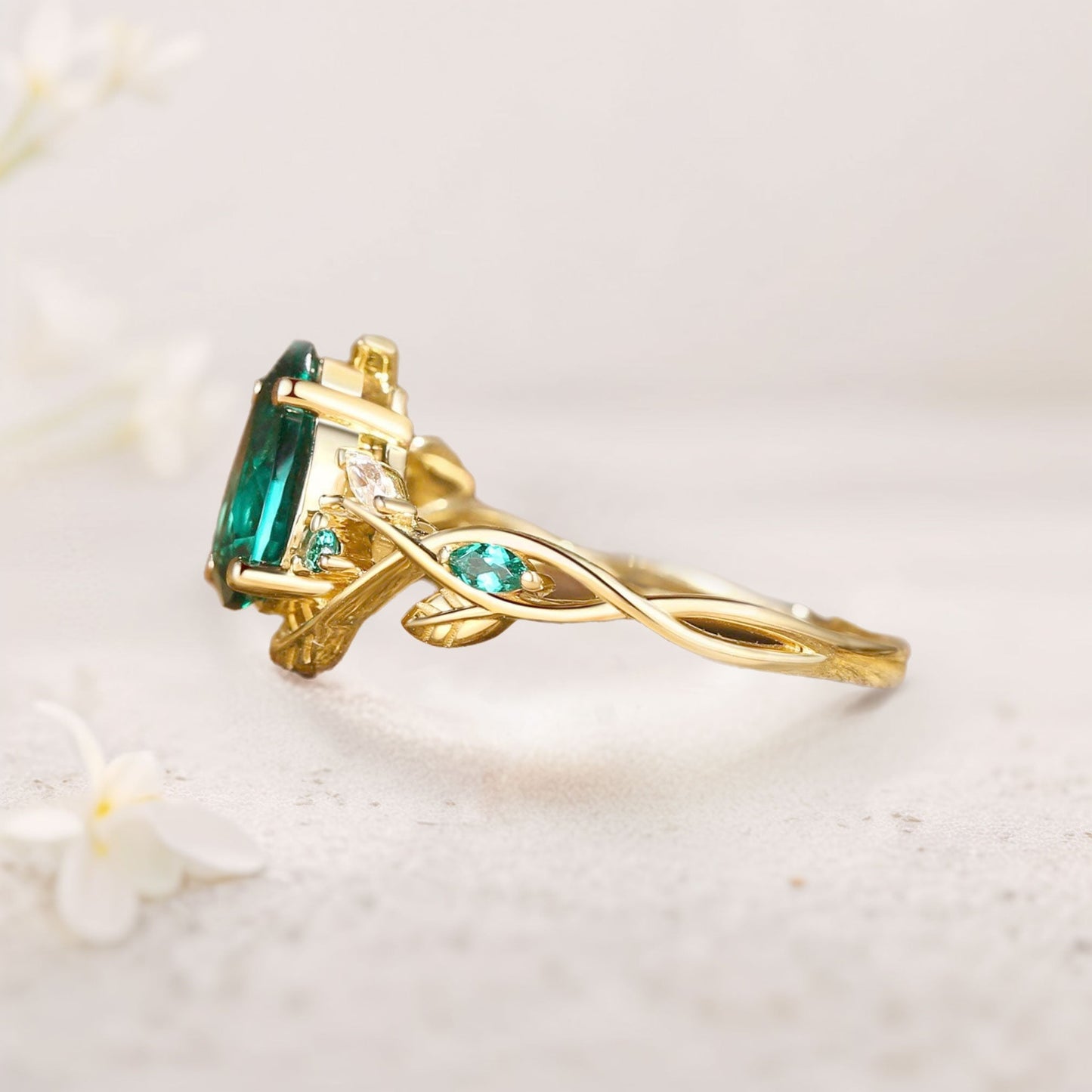 Unique floral engagement rings Everly Nature Inspired Pear Lab Emerald  Leaf Engagement Ring