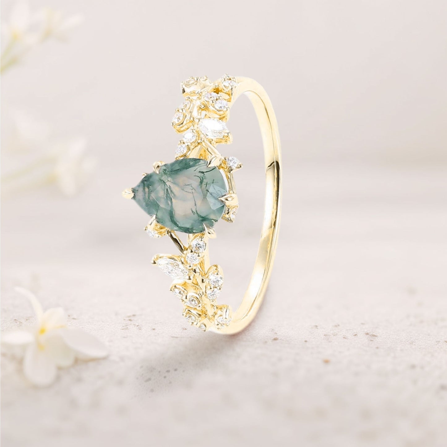 Unique floral engagement ringsPear Moss Agate Leaf Engagement Ring Mystical Garden Bridal Ring Promise Ring