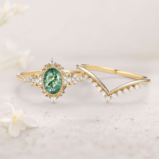Vintage floral engagement rings Oval Moss Agate Milgrain Engagement Ring Set