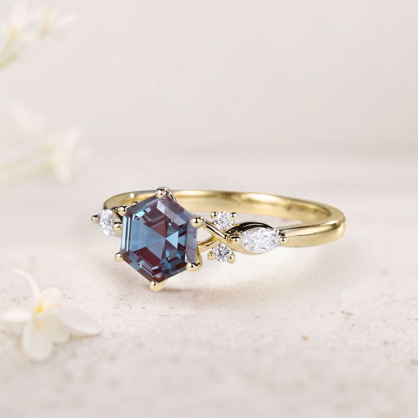 Vintage Hexagon Alexandrite Engagement Ring For Women