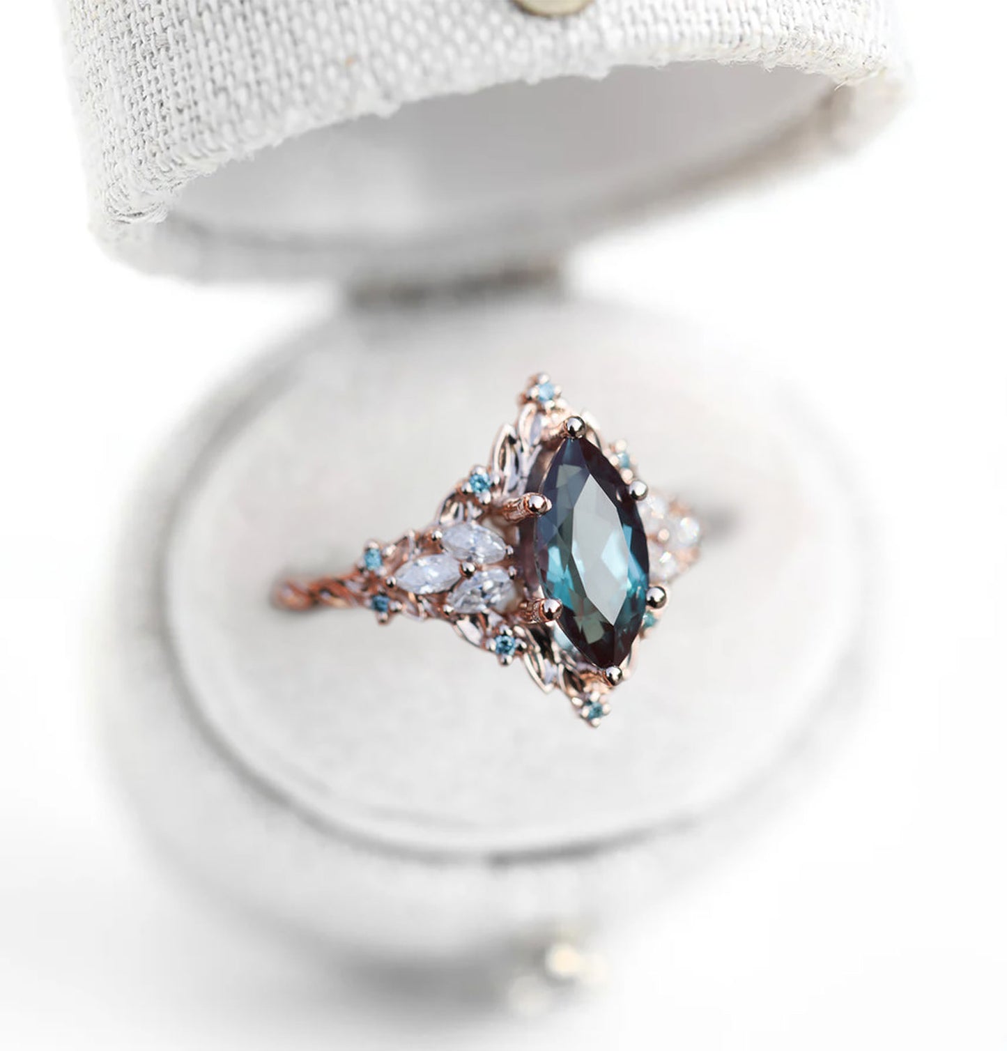 Unique Floral Rose Starlight Marquise Lab Alexandrite Ring