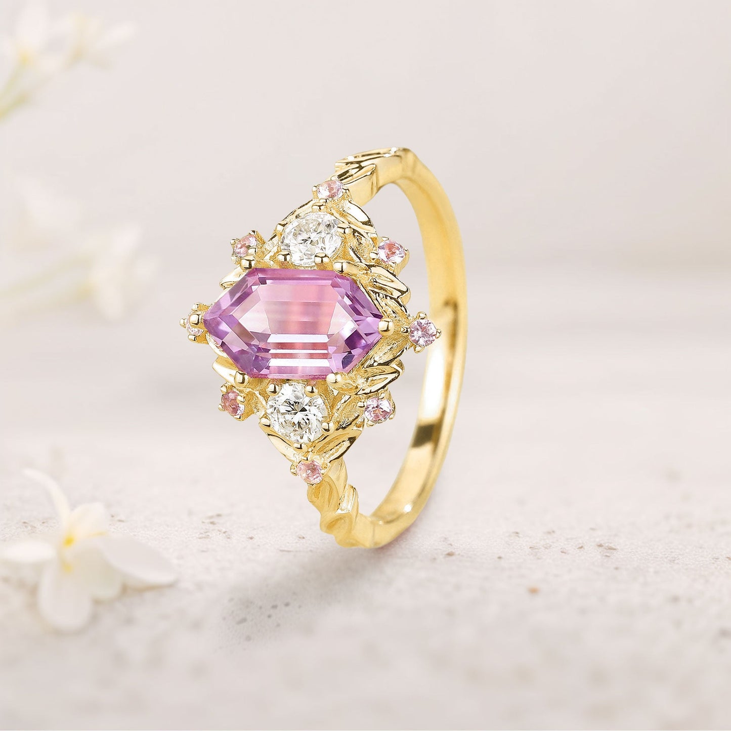 Unique Long Hexagon Pink Sapphire Cluster Wedding Ring Promise Ring For Women