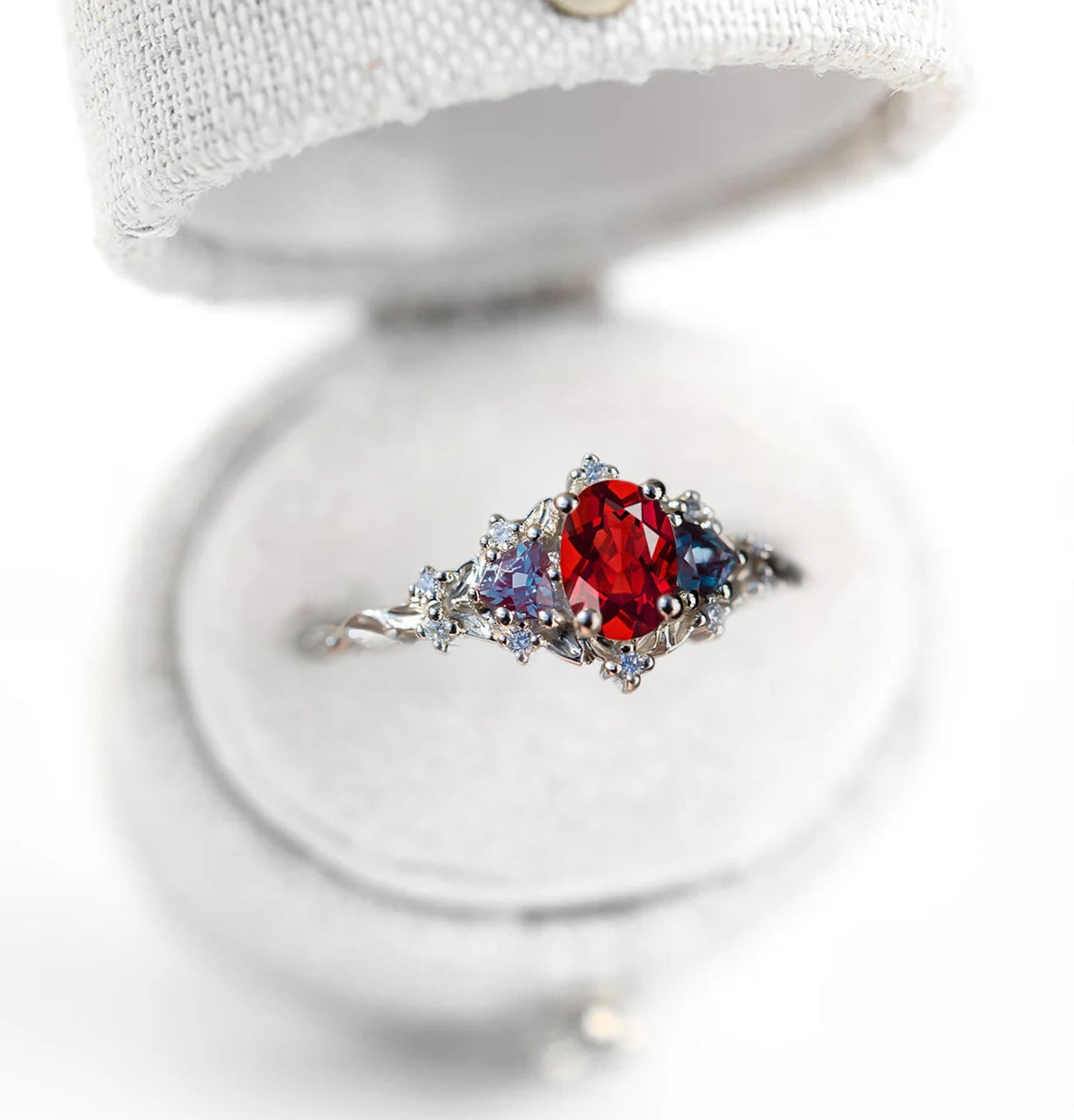 Unique Celeste Rose Three Stone Oval Garnet and Lab Alexandrite Wedding Ring