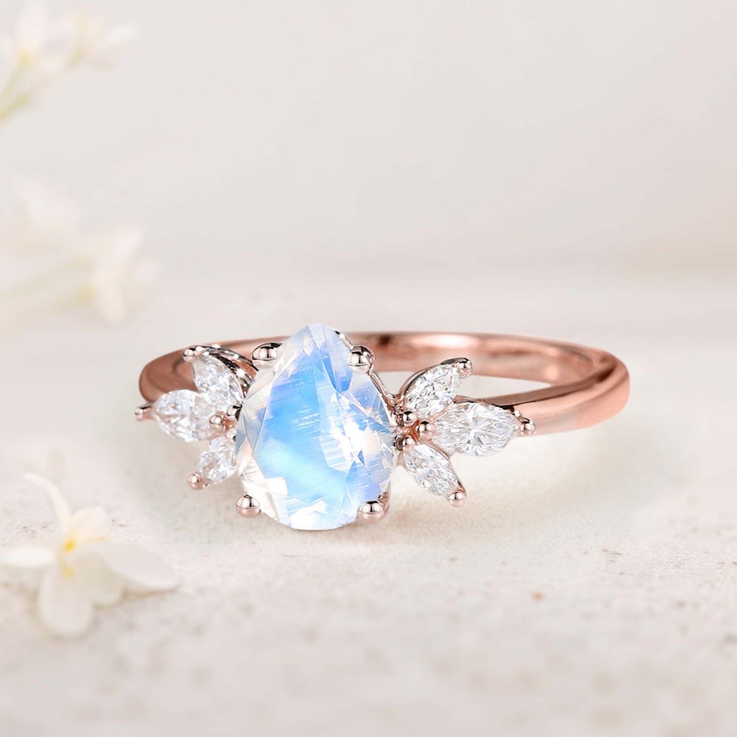 Unique Pear Moonstone Engagement Ring Simple Cluster Bridal Ring