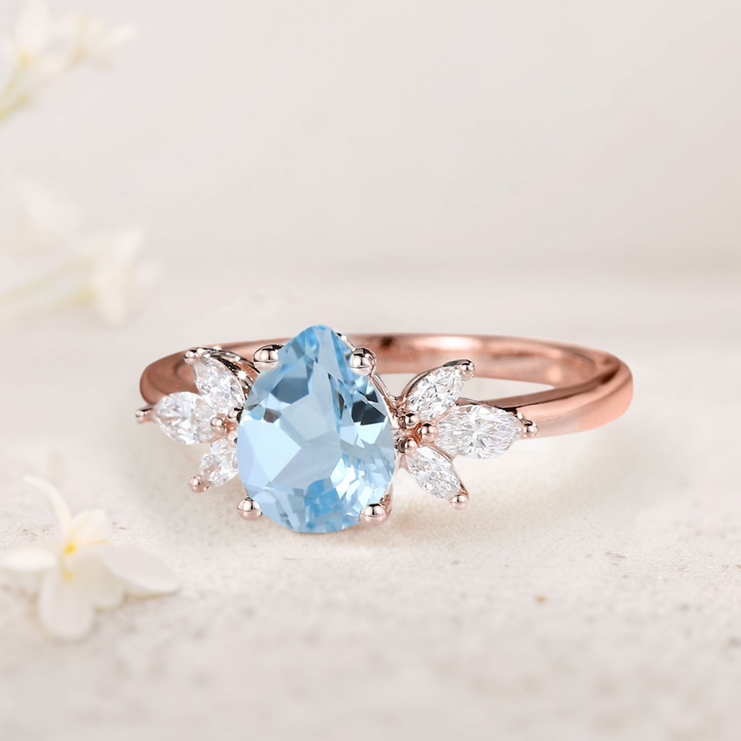 Unique Pear Aquamarine Engagement Ring Simple Cluster Bridal Ring