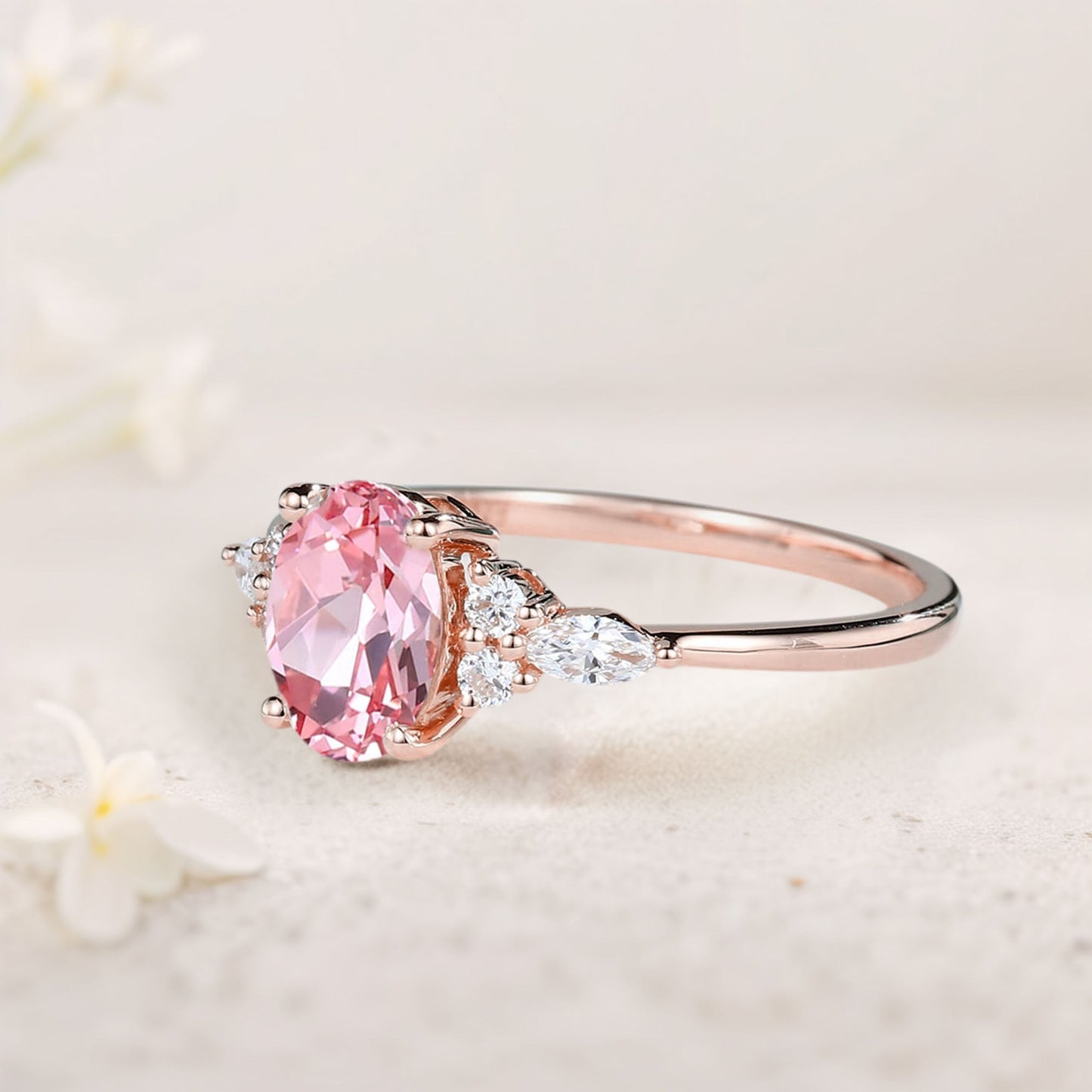 Vintage Oval Padparadscha Cluster Engagement Ring