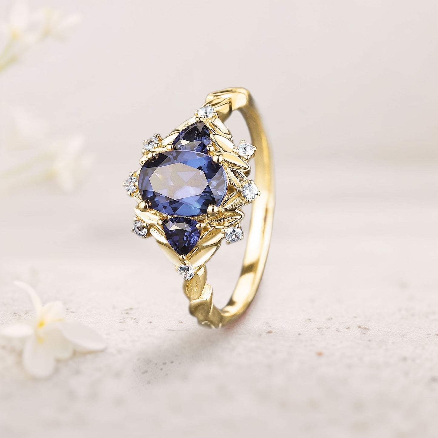 Unique floral engagement rings Oval Blue Sapphire Cluster Wedding Ring Fairy Engagement Ring