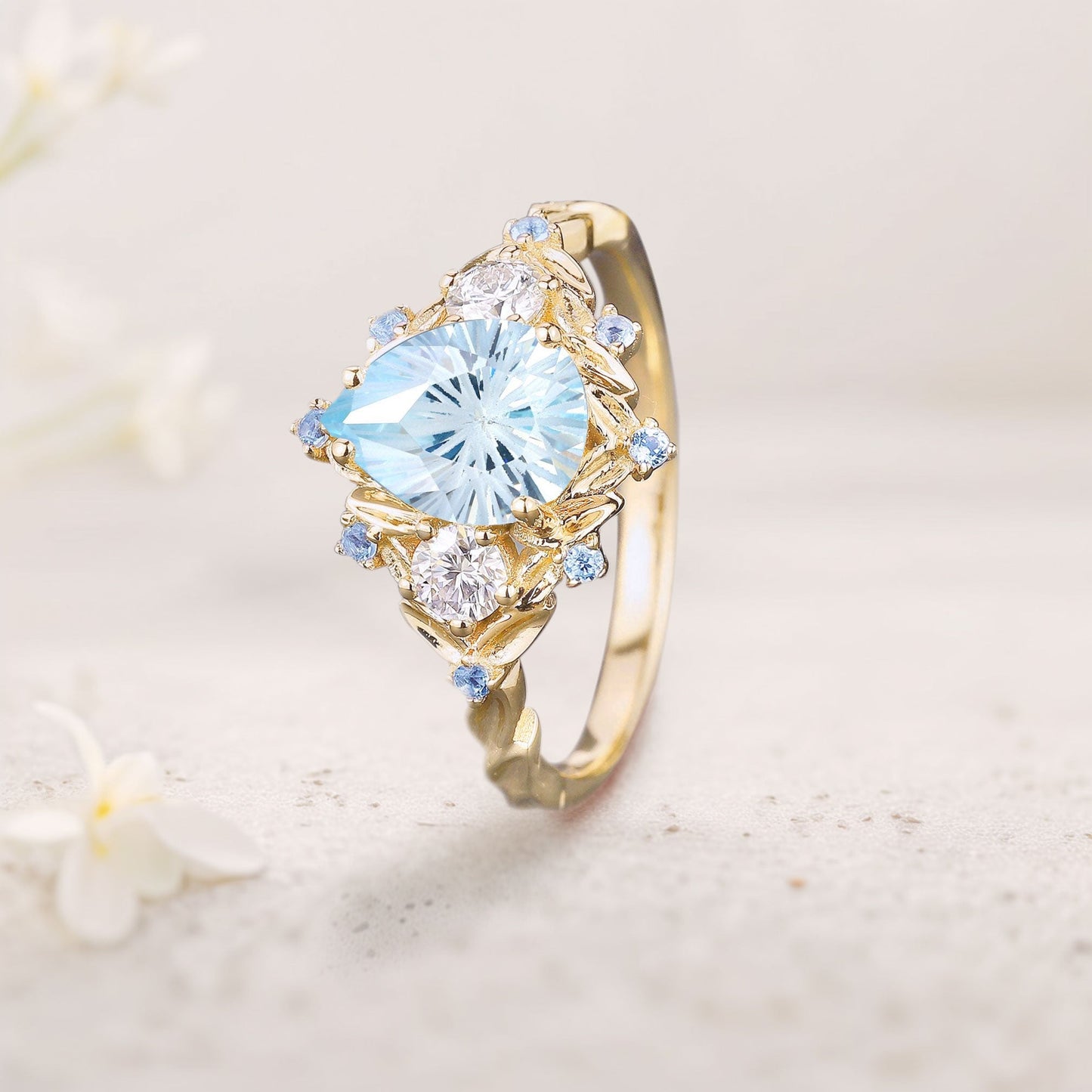 Unique Pear Aquamarine Cluster Leaf Wedding Ring Handmade Anniversary Ring Gift For Women