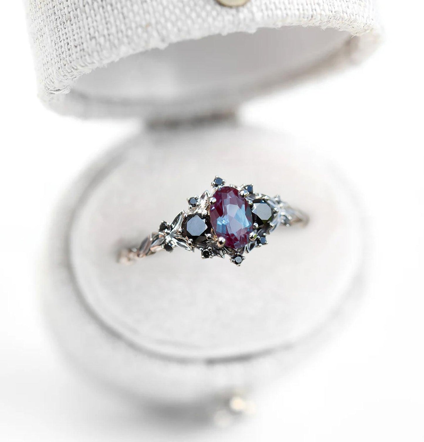 Unique Floral Rose Three Stone Oval Lab Alexandrite and Black Moissanite Ring
