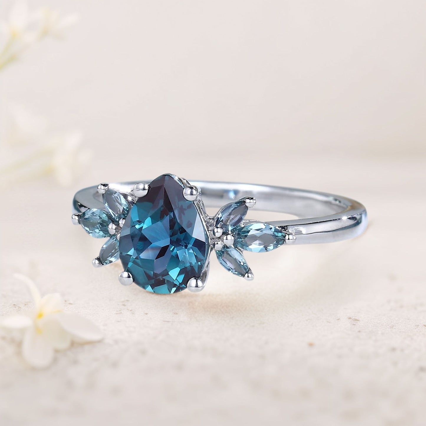 Unique Pear Lab Alexandrite Engagement Ring with Petal Accents