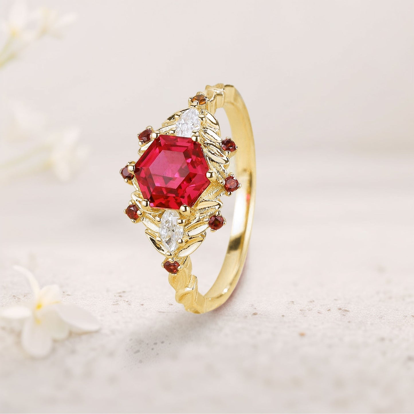 Unique Hexagon Ruby Flower Engagement Ring Halo Leaf Wedding Ring For Women