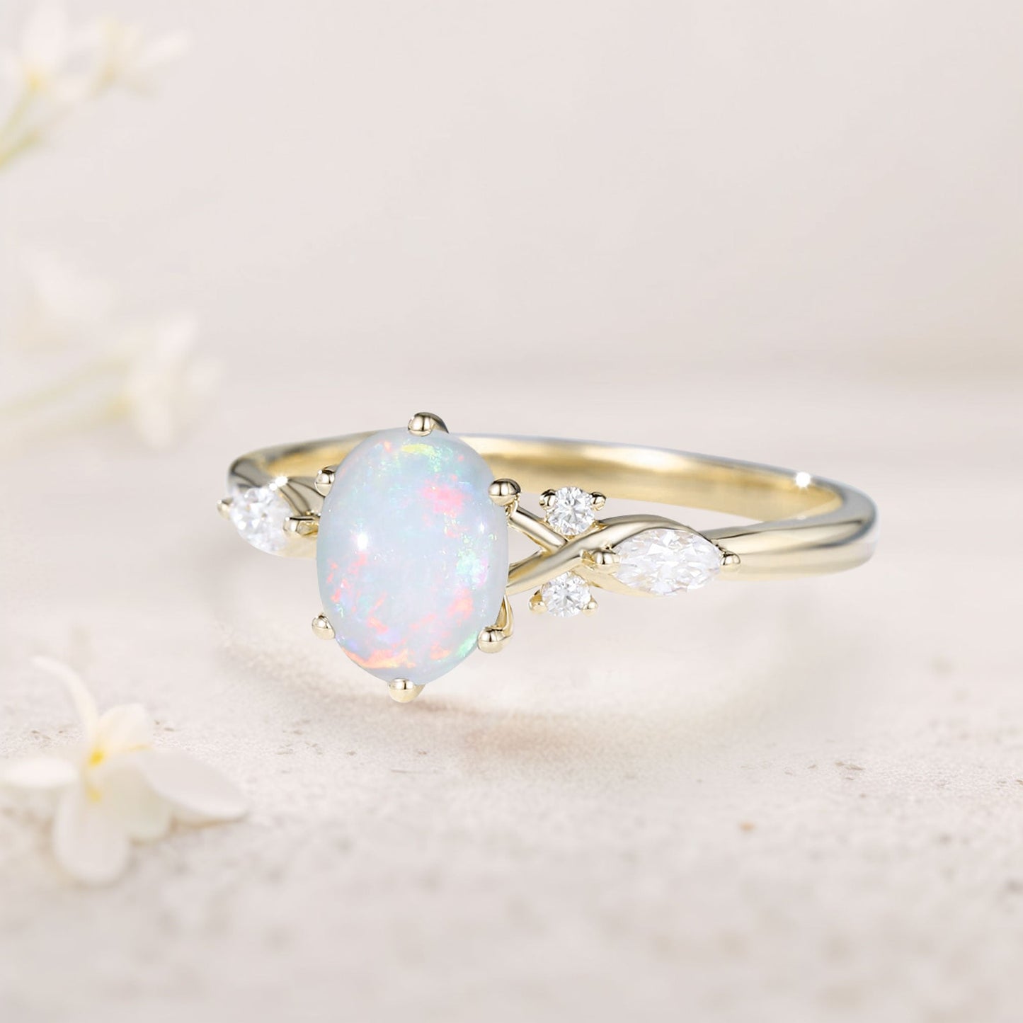 Vintage Oval Opal and Moissanite Engagement Ring