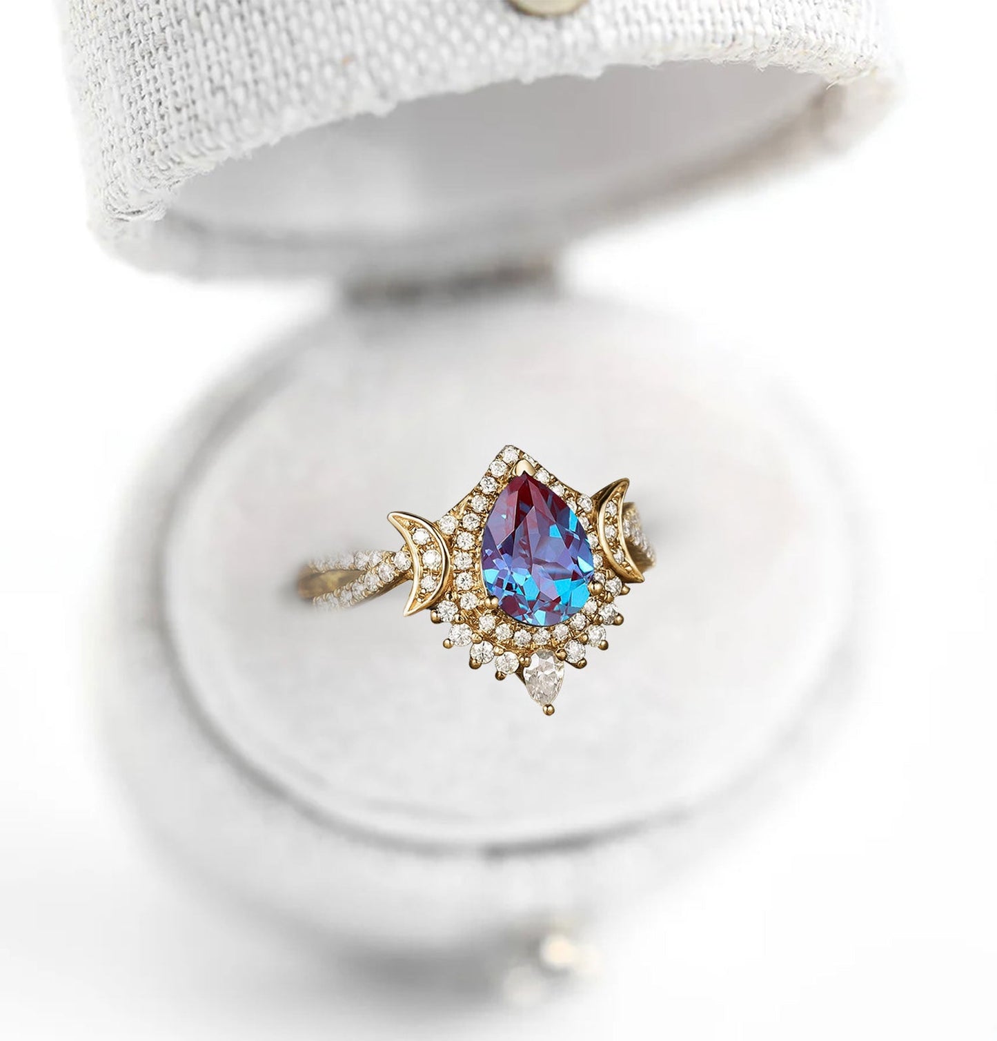 Unique Briar Moon Pear Lab Alexandrite Ring