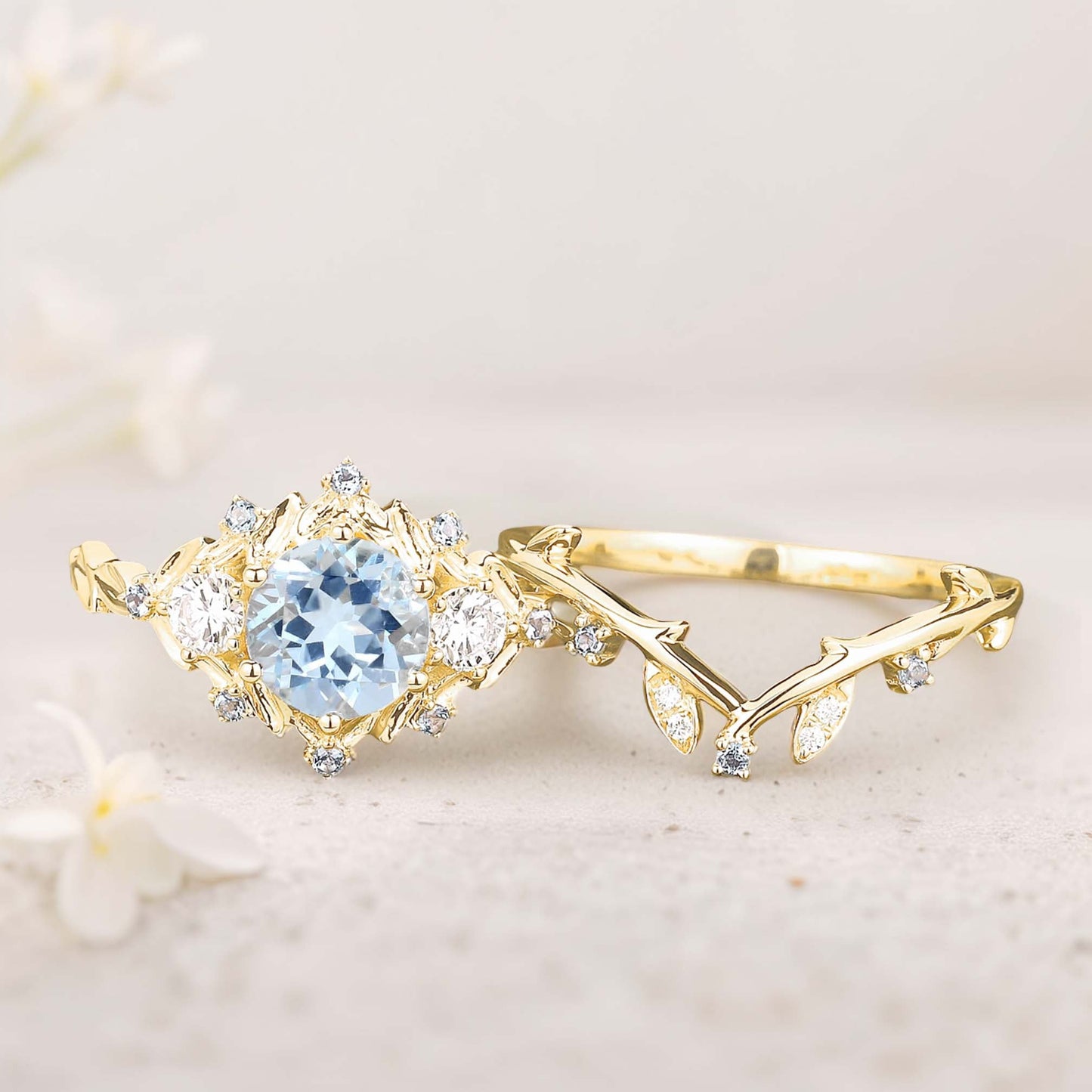 Unique floral engagement rings Round Natural Aquamarine Leaf Engagement Ring Set