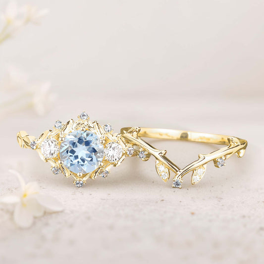 Unique floral engagement rings Round Natural Aquamarine Leaf Engagement Ring Set