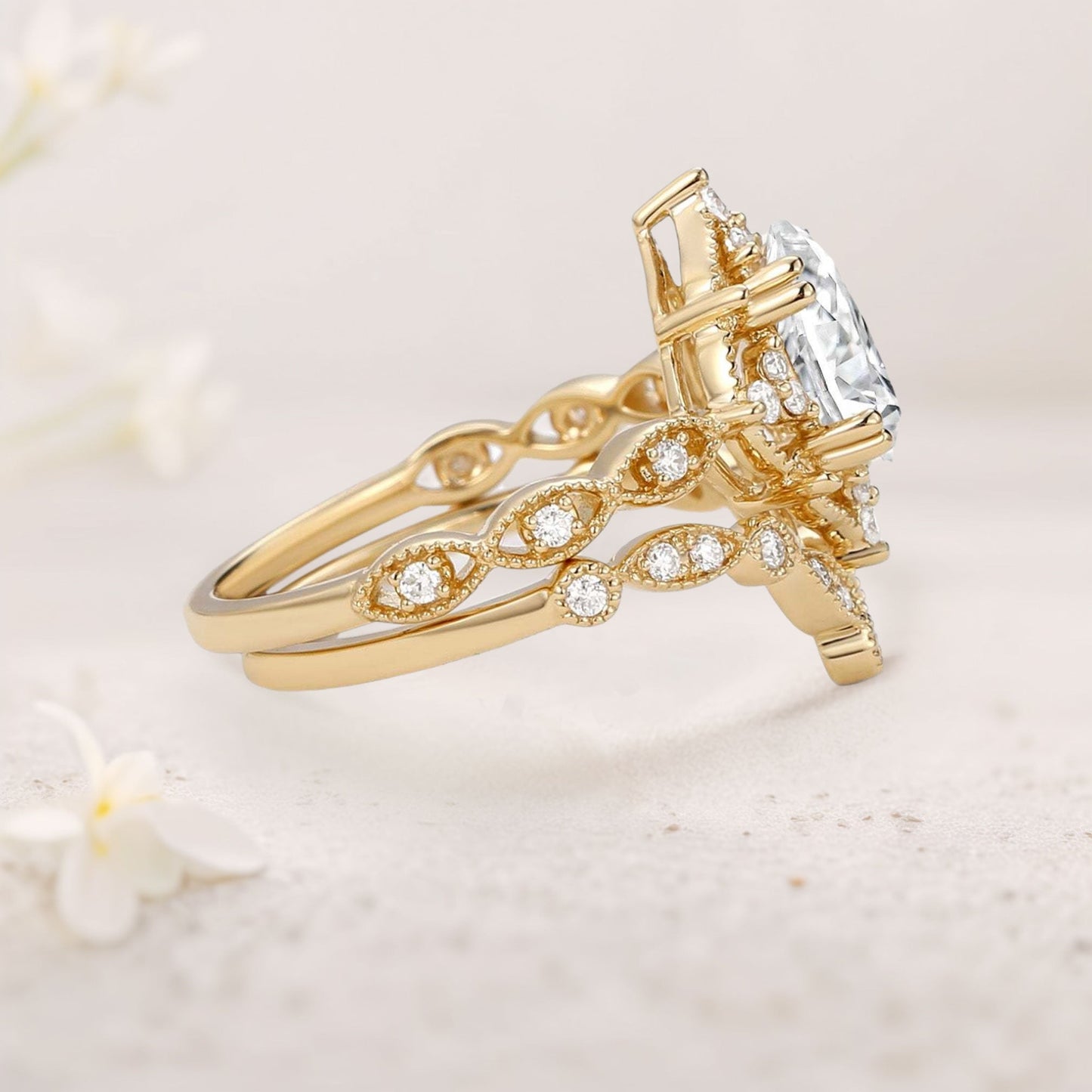 Vintage floral engagement rings Oval Moissanite Signature Ring Bridal Ring Set