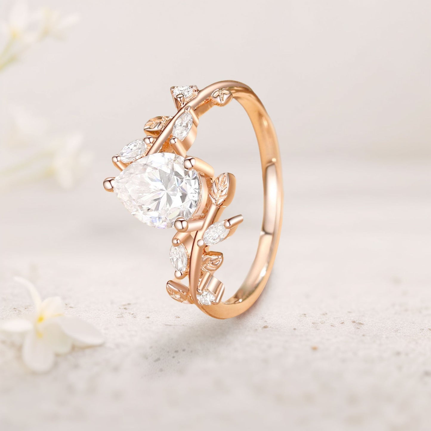 Unique floral engagement rings Pear Moissanite Branch Leafy Inspired Engagement Ring