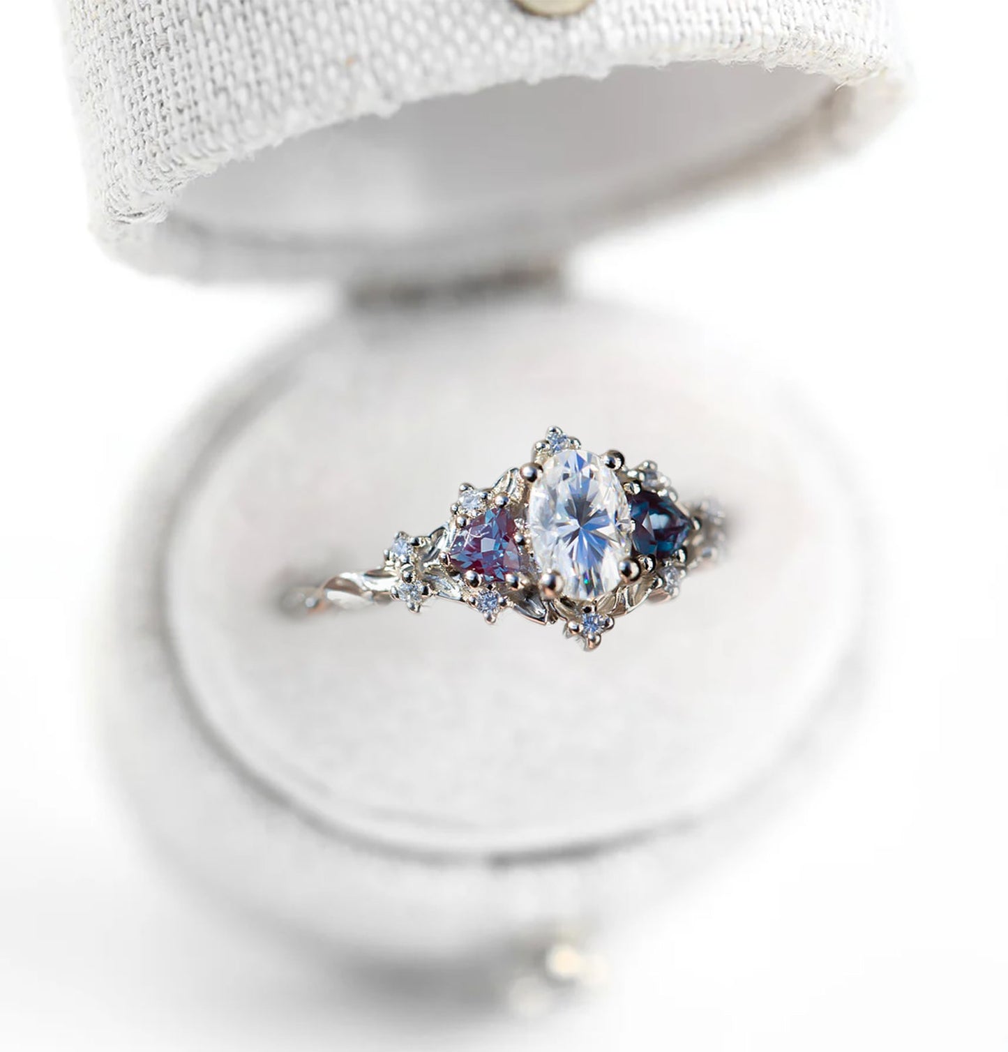 Unique Floral Rose Three Stone Oval Moissanite and Lab Alexandrite Wedding Ring