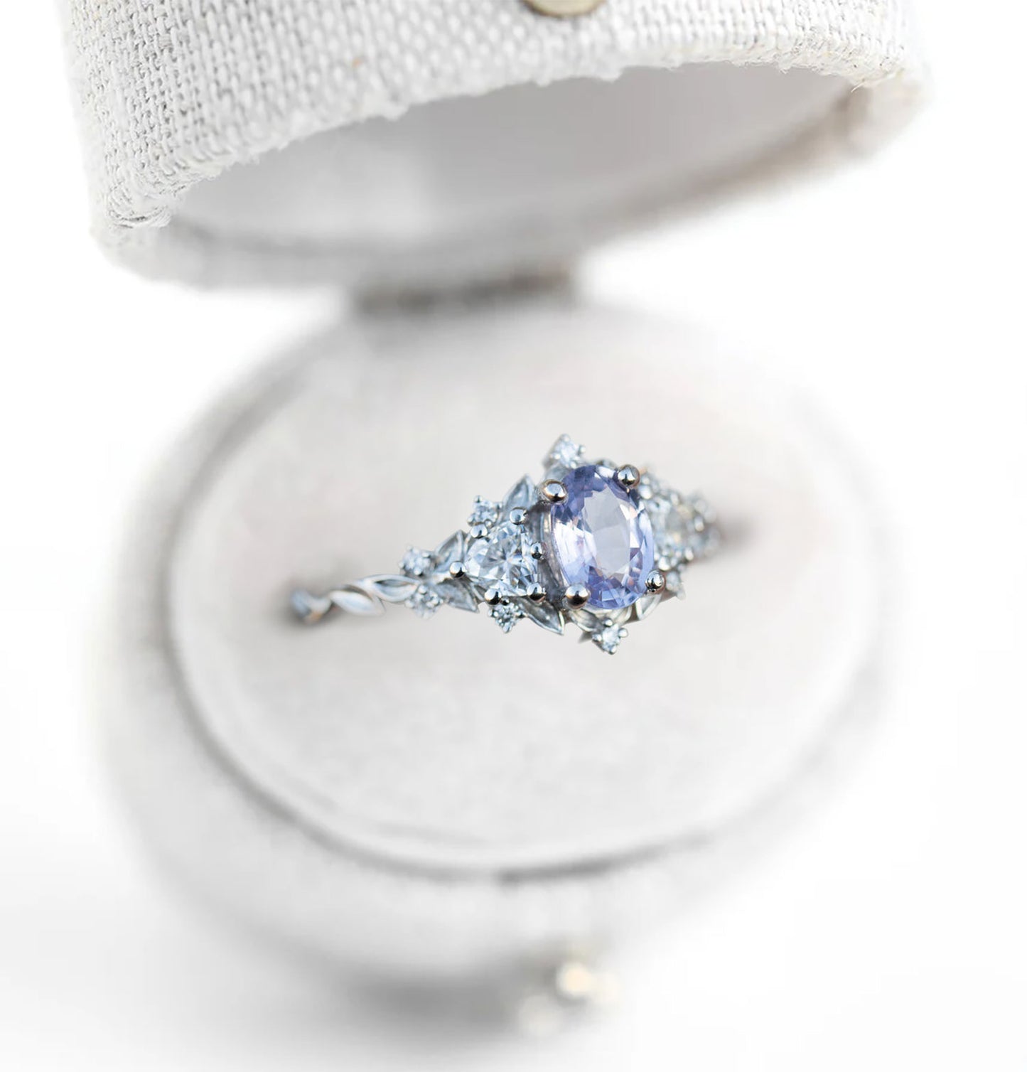 Unique Floral Rose Three Stone Oval Lab Lavender Sapphire Ring