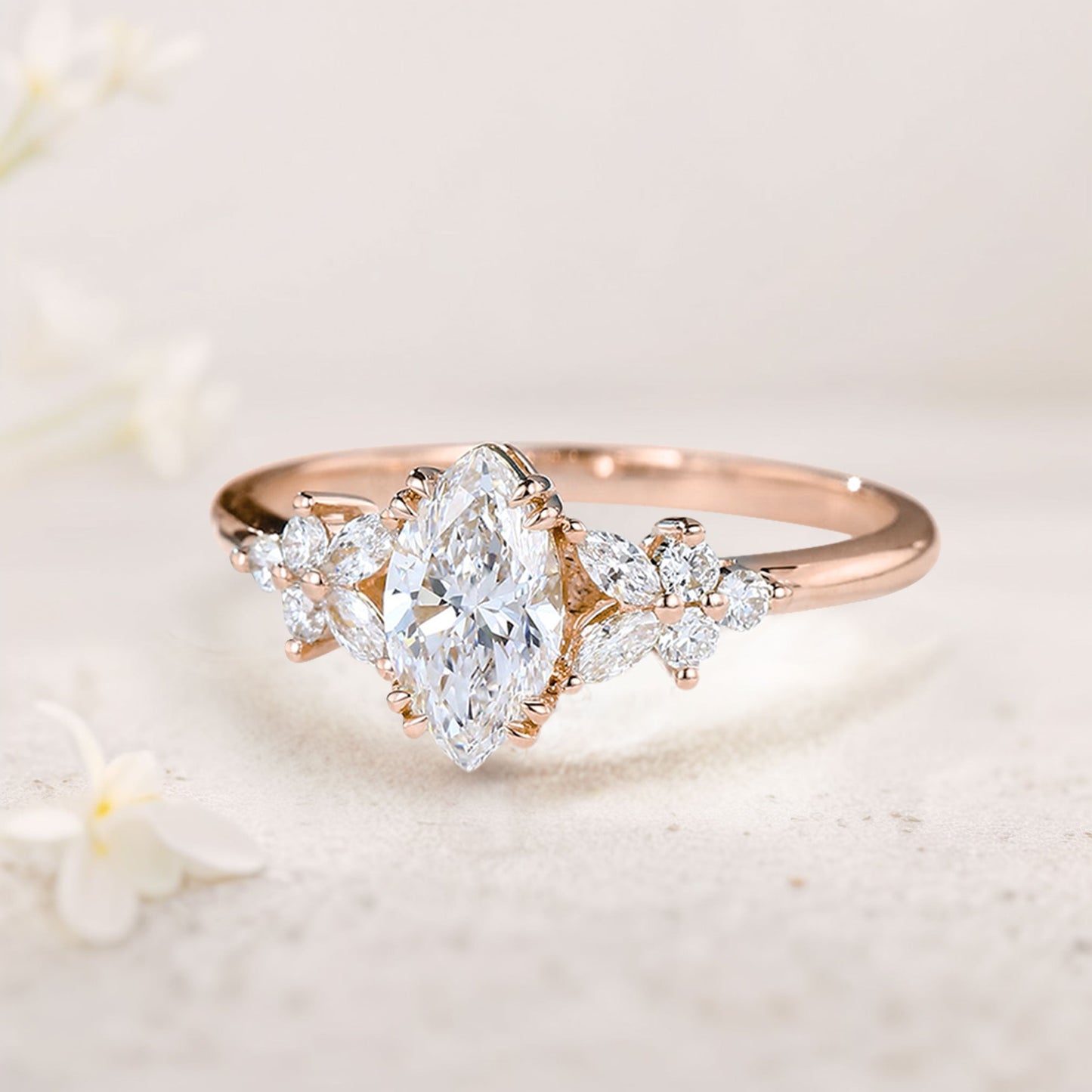 Unique Marquise Moissanite Rings Petal Side Stones Engagement Ring