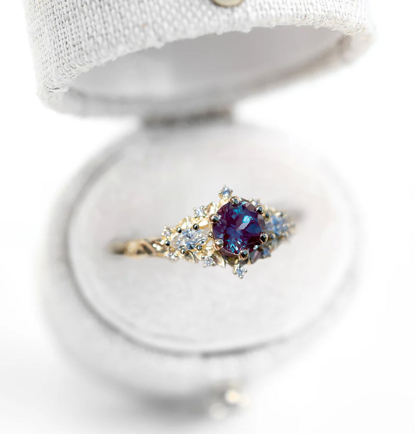 Unique Floral Rose Three Stone Round Lab Alexandrite Ring