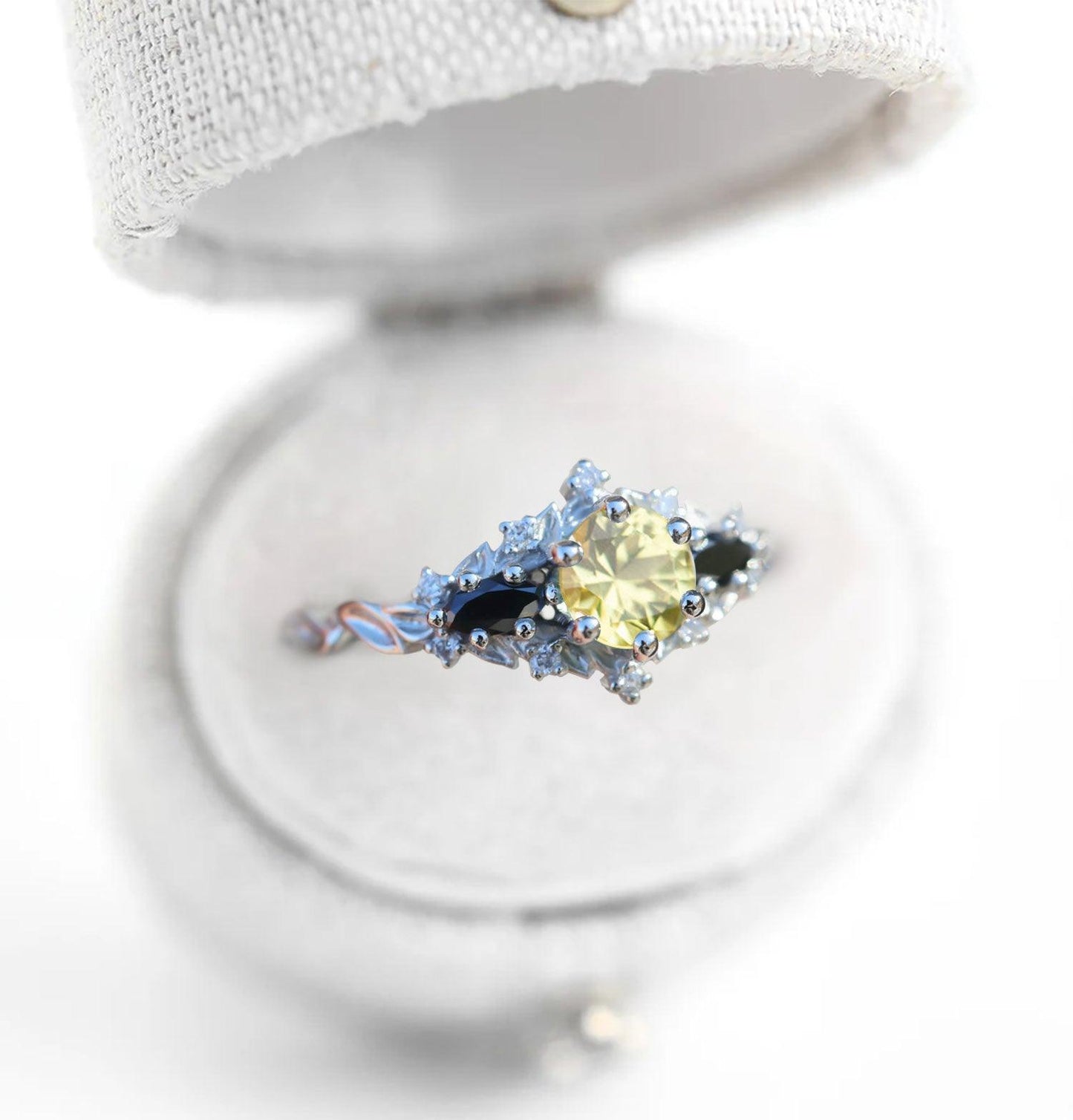 Unique Celeste Rose Round Citrine and Black Moissanite Ring