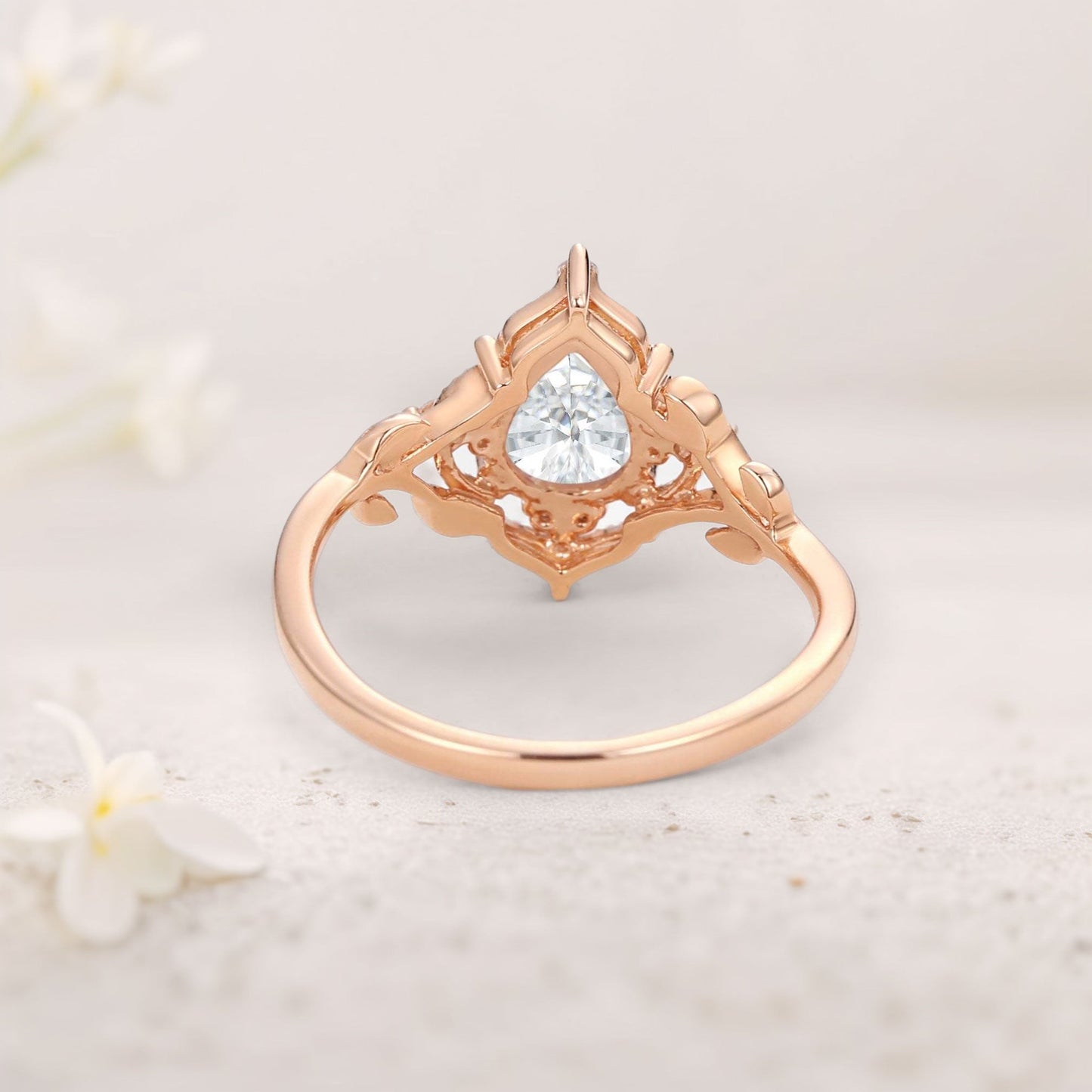 Vintage floral engagement rings Pear Moissanite Leafy Engagement Ring