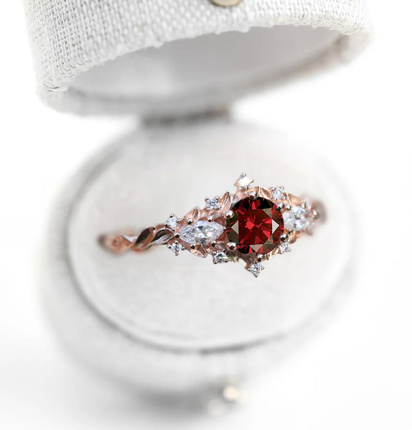 Unique Celeste Rose Three Stone Round Garnet Engagement Ring